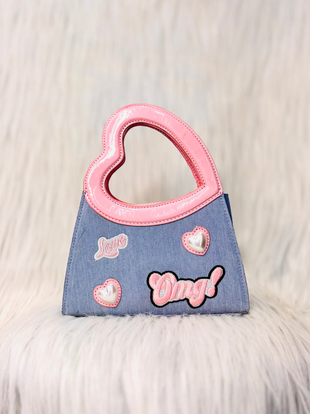 Trendy Denim & Pink Heart Handle Shoulder Bag – Cute & Stylish Handbag for Women - PERFÝ