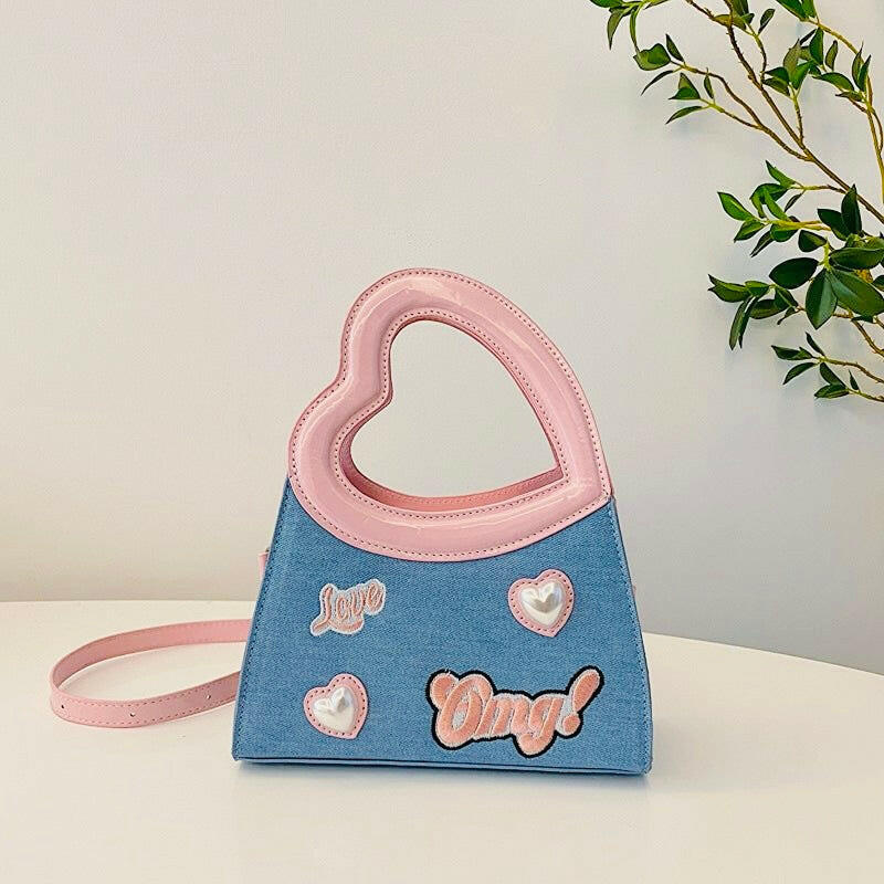 Trendy Denim & Pink Heart Handle Shoulder Bag – Cute & Stylish Handbag for Women - PERFÝ