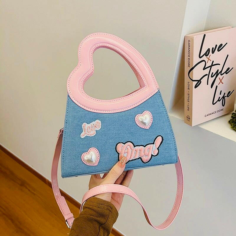 Trendy Denim & Pink Heart Handle Shoulder Bag – Cute & Stylish Handbag for Women - PERFÝ