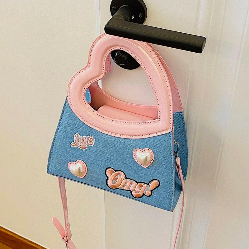 Trendy Denim & Pink Heart Handle Shoulder Bag – Cute & Stylish Handbag for Women - PERFÝ