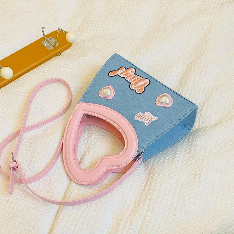 Trendy Denim & Pink Heart Handle Shoulder Bag – Cute & Stylish Handbag for Women - PERFÝ
