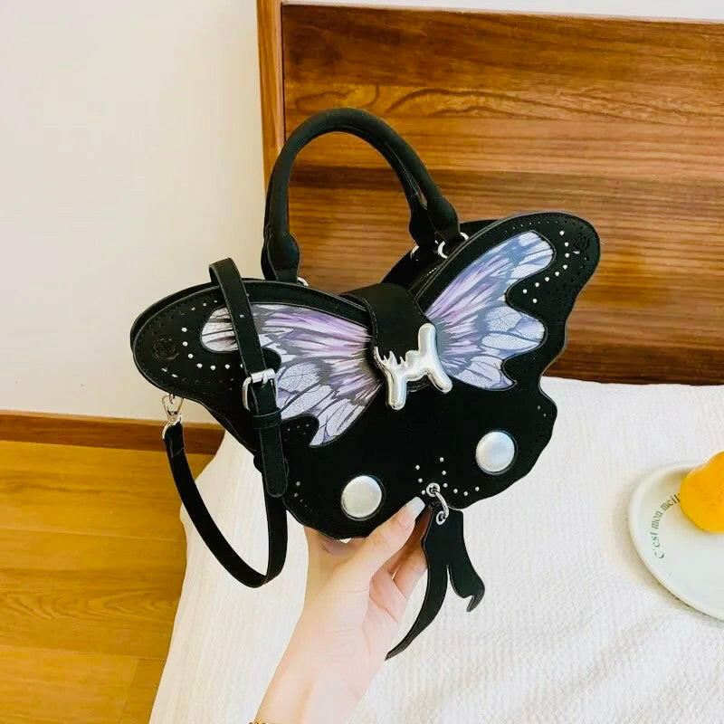 Gothic Butterfly Handbag – Black &amp; Purple Aesthetic Shoulder Bag for Women - PERFÝ