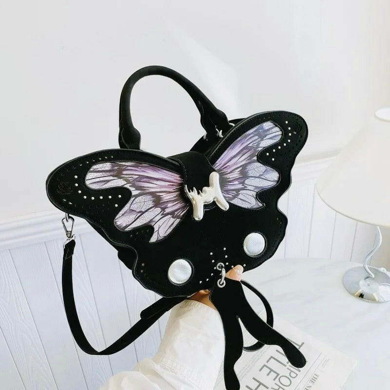 Gothic Butterfly Handbag – Black &amp; Purple Aesthetic Shoulder Bag for Women - PERFÝ