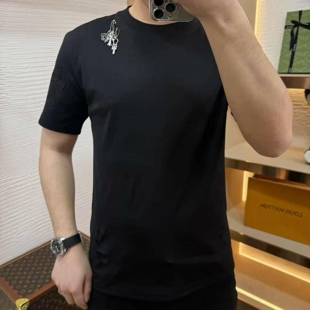 Designer Distressed T-Shirt with Safety Pin Detail (REGULAR FIT) - PERFÝ