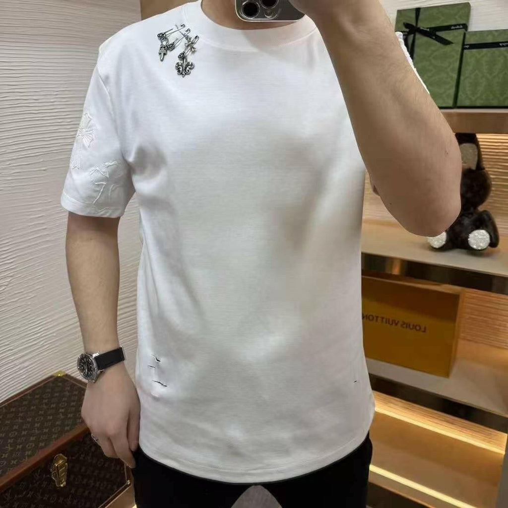 Designer Distressed T-Shirt with Safety Pin Detail (REGULAR FIT) - PERFÝ