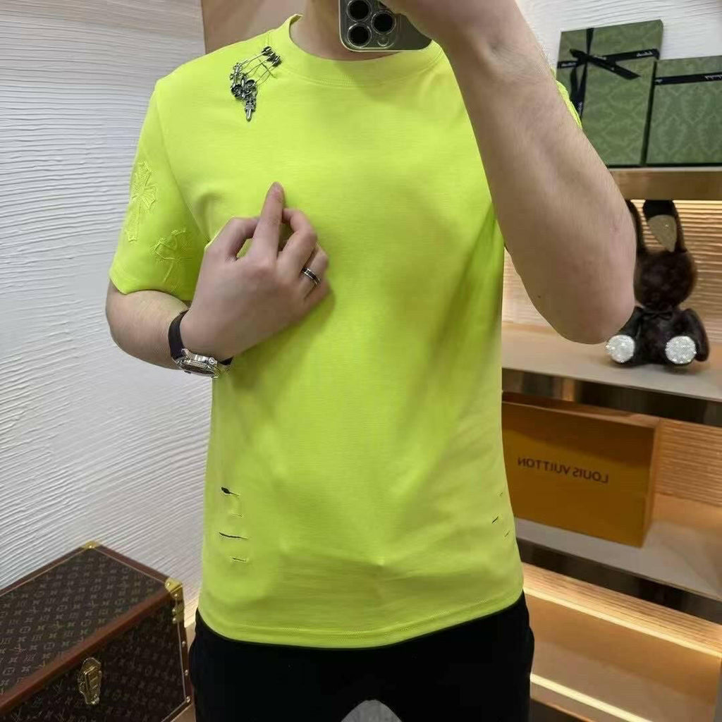 Designer Distressed T-Shirt with Safety Pin Detail (REGULAR FIT) - PERFÝ