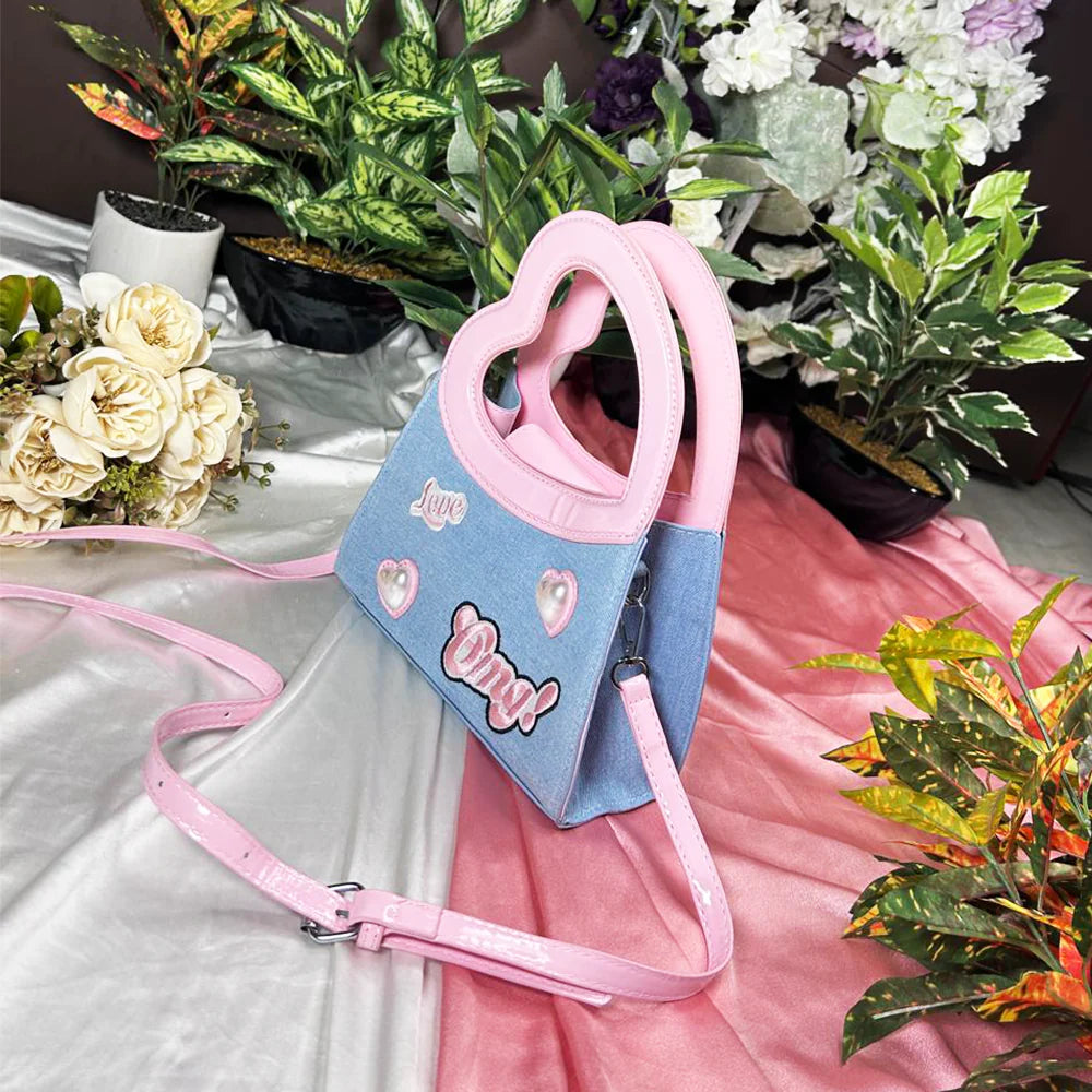 Trendy Denim & Pink Heart Handle Shoulder Bag – Cute & Stylish Handbag for Women - PERFÝ